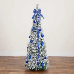 5 Ft. Pre-Lit Artificial Pop Up Flocked Christmas Tree With Silver & Blue Ornaments, Ribbons & 100-Warm White LED Lights -Christmas Gift Shop nearly natural pre lit christmas trees t5413 40 1000
