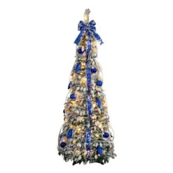 5 Ft. Pre-Lit Artificial Pop Up Flocked Christmas Tree With Silver & Blue Ornaments, Ribbons & 100-Warm White LED Lights -Christmas Gift Shop nearly natural pre lit christmas trees t5413 4f 1000