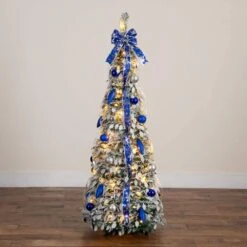 5 Ft. Pre-Lit Artificial Pop Up Flocked Christmas Tree With Silver & Blue Ornaments, Ribbons & 100-Warm White LED Lights -Christmas Gift Shop nearly natural pre lit christmas trees t5413 a0 1000