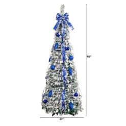 5 Ft. Pre-Lit Artificial Pop Up Flocked Christmas Tree With Silver & Blue Ornaments, Ribbons & 100-Warm White LED Lights -Christmas Gift Shop nearly natural pre lit christmas trees t5413 c3 1000
