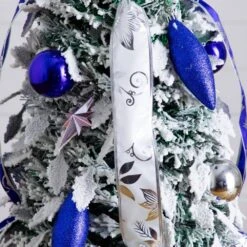 5 Ft. Pre-Lit Artificial Pop Up Flocked Christmas Tree With Silver & Blue Ornaments, Ribbons & 100-Warm White LED Lights -Christmas Gift Shop nearly natural pre lit christmas trees t5413 fa 1000
