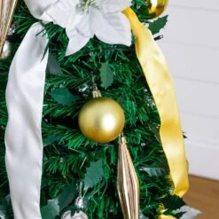 5 Ft. Pre-Lit Artificial Pop Up Christmas Tree With Gold And Silver Ornaments, Ribbons And 100-Warm White LED Lights -Christmas Gift Shop nearly natural pre lit christmas trees t5414 1f 1000