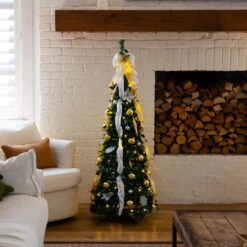 5 Ft. Pre-Lit Artificial Pop Up Christmas Tree With Gold And Silver Ornaments, Ribbons And 100-Warm White LED Lights -Christmas Gift Shop nearly natural pre lit christmas trees t5414 31 1000