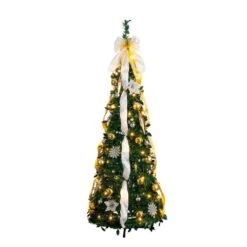 5 Ft. Pre-Lit Artificial Pop Up Christmas Tree With Gold And Silver Ornaments, Ribbons And 100-Warm White LED Lights -Christmas Gift Shop nearly natural pre lit christmas trees t5414 4f 1000