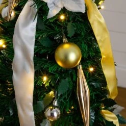 5 Ft. Pre-Lit Artificial Pop Up Christmas Tree With Gold And Silver Ornaments, Ribbons And 100-Warm White LED Lights -Christmas Gift Shop nearly natural pre lit christmas trees t5414 66 1000
