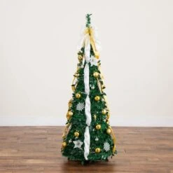 5 Ft. Pre-Lit Artificial Pop Up Christmas Tree With Gold And Silver Ornaments, Ribbons And 100-Warm White LED Lights -Christmas Gift Shop nearly natural pre lit christmas trees t5414 a0 1000