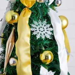 6 Ft. Pre-Lit Artificial Pop Up Christmas Tree With Gold And Silver Ornaments, Ribbons And 150-Warm White LED Lights -Christmas Gift Shop nearly natural pre lit christmas trees t5415 1f 1000