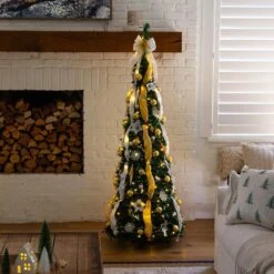 6 Ft. Pre-Lit Artificial Pop Up Christmas Tree With Gold And Silver Ornaments, Ribbons And 150-Warm White LED Lights -Christmas Gift Shop nearly natural pre lit christmas trees t5415 31 1000