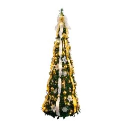 6 Ft. Pre-Lit Artificial Pop Up Christmas Tree With Gold And Silver Ornaments, Ribbons And 150-Warm White LED Lights -Christmas Gift Shop nearly natural pre lit christmas trees t5415 4f 1000