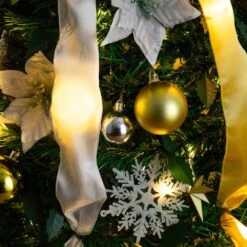 6 Ft. Pre-Lit Artificial Pop Up Christmas Tree With Gold And Silver Ornaments, Ribbons And 150-Warm White LED Lights -Christmas Gift Shop nearly natural pre lit christmas trees t5415 66 1000