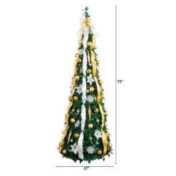 6 Ft. Pre-Lit Artificial Pop Up Christmas Tree With Gold And Silver Ornaments, Ribbons And 150-Warm White LED Lights -Christmas Gift Shop nearly natural pre lit christmas trees t5415 c3 1000