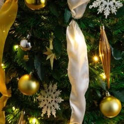 6 Ft. Pre-Lit Artificial Pop Up Christmas Tree With Gold And Silver Ornaments, Ribbons And 150-Warm White LED Lights -Christmas Gift Shop nearly natural pre lit christmas trees t5415 fa 1000