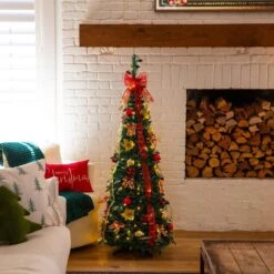 5 Ft. Pre-Lit Artificial Pop Up Christmas Tree With Red And Gold Ornaments, Ribbons And 100-Warm White LED Lights -Christmas Gift Shop nearly natural pre lit christmas trees t5416 31 1000