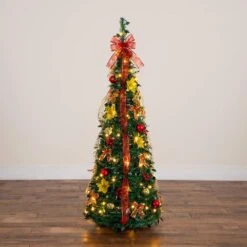 5 Ft. Pre-Lit Artificial Pop Up Christmas Tree With Red And Gold Ornaments, Ribbons And 100-Warm White LED Lights -Christmas Gift Shop nearly natural pre lit christmas trees t5416 40 1000