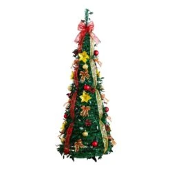 5 Ft. Pre-Lit Artificial Pop Up Christmas Tree With Red And Gold Ornaments, Ribbons And 100-Warm White LED Lights