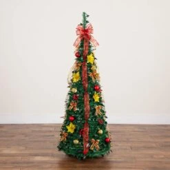 5 Ft. Pre-Lit Artificial Pop Up Christmas Tree With Red And Gold Ornaments, Ribbons And 100-Warm White LED Lights -Christmas Gift Shop nearly natural pre lit christmas trees t5416 77 1000