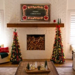 5 Ft. Pre-Lit Artificial Pop Up Christmas Tree With Red And Gold Ornaments, Ribbons And 100-Warm White LED Lights -Christmas Gift Shop nearly natural pre lit christmas trees t5416 a0 1000