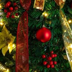 6 Ft. Pre-Lit Artificial Pop Up Christmas Tree With Red And Gold Ornaments, Ribbons And 150-Warm White LED Lights -Christmas Gift Shop nearly natural pre lit christmas trees t5417 1d 1000
