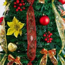 6 Ft. Pre-Lit Artificial Pop Up Christmas Tree With Red And Gold Ornaments, Ribbons And 150-Warm White LED Lights -Christmas Gift Shop nearly natural pre lit christmas trees t5417 1f 1000