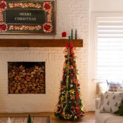 6 Ft. Pre-Lit Artificial Pop Up Christmas Tree With Red And Gold Ornaments, Ribbons And 150-Warm White LED Lights -Christmas Gift Shop nearly natural pre lit christmas trees t5417 31 1000