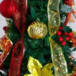 6 Ft. Pre-Lit Artificial Pop Up Christmas Tree With Red And Gold Ornaments, Ribbons And 150-Warm White LED Lights -Christmas Gift Shop nearly natural pre lit christmas trees t5417 44 1000