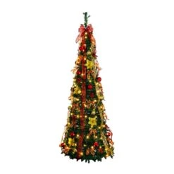 6 Ft. Pre-Lit Artificial Pop Up Christmas Tree With Red And Gold Ornaments, Ribbons And 150-Warm White LED Lights -Christmas Gift Shop nearly natural pre lit christmas trees t5417 4f 1000