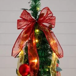 6 Ft. Pre-Lit Artificial Pop Up Christmas Tree With Red And Gold Ornaments, Ribbons And 150-Warm White LED Lights -Christmas Gift Shop nearly natural pre lit christmas trees t5417 77 1000