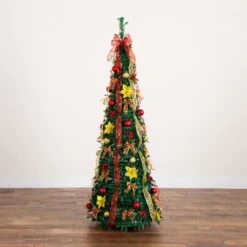 6 Ft. Pre-Lit Artificial Pop Up Christmas Tree With Red And Gold Ornaments, Ribbons And 150-Warm White LED Lights -Christmas Gift Shop nearly natural pre lit christmas trees t5417 a0 1000