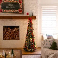 6 Ft. Pre-Lit Artificial Pop Up Christmas Tree With Red And Gold Ornaments, Ribbons And 150-Warm White LED Lights -Christmas Gift Shop nearly natural pre lit christmas trees t5417 fa 1000 1