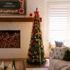 7 Ft. Pre-Lit Artificial Pop Up Christmas Tree With Red And Gold Ornaments, Ribbons And 180-Warm White LED Lights 27 7 Ft. Pre-Lit Artificial Pop Up Christmas Tree With Red And Gold Ornaments, Ribbons And 180-Warm White LED Lights -Christmas Gift Shop nearly natural pre lit christmas trees t5418 31 1000