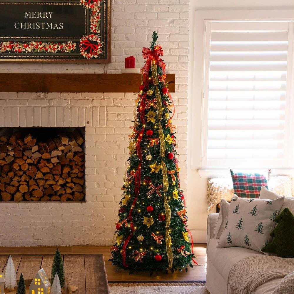 7 Ft. Pre-Lit Artificial Pop Up Christmas Tree With Red And Gold Ornaments, Ribbons And 180-Warm White LED Lights 15 7 Ft. Pre-Lit Artificial Pop Up Christmas Tree With Red And Gold Ornaments, Ribbons And 180-Warm White LED Lights - Image 13