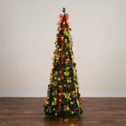 7 Ft. Pre-Lit Artificial Pop Up Christmas Tree With Red And Gold Ornaments, Ribbons And 180-Warm White LED Lights 17 7 Ft. Pre-Lit Artificial Pop Up Christmas Tree With Red And Gold Ornaments, Ribbons And 180-Warm White LED Lights -Christmas Gift Shop nearly natural pre lit christmas trees t5418 40 1000