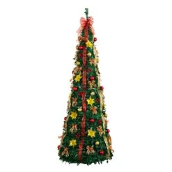 7 Ft. Pre-Lit Artificial Pop Up Christmas Tree With Red And Gold Ornaments, Ribbons And 180-Warm White LED Lights