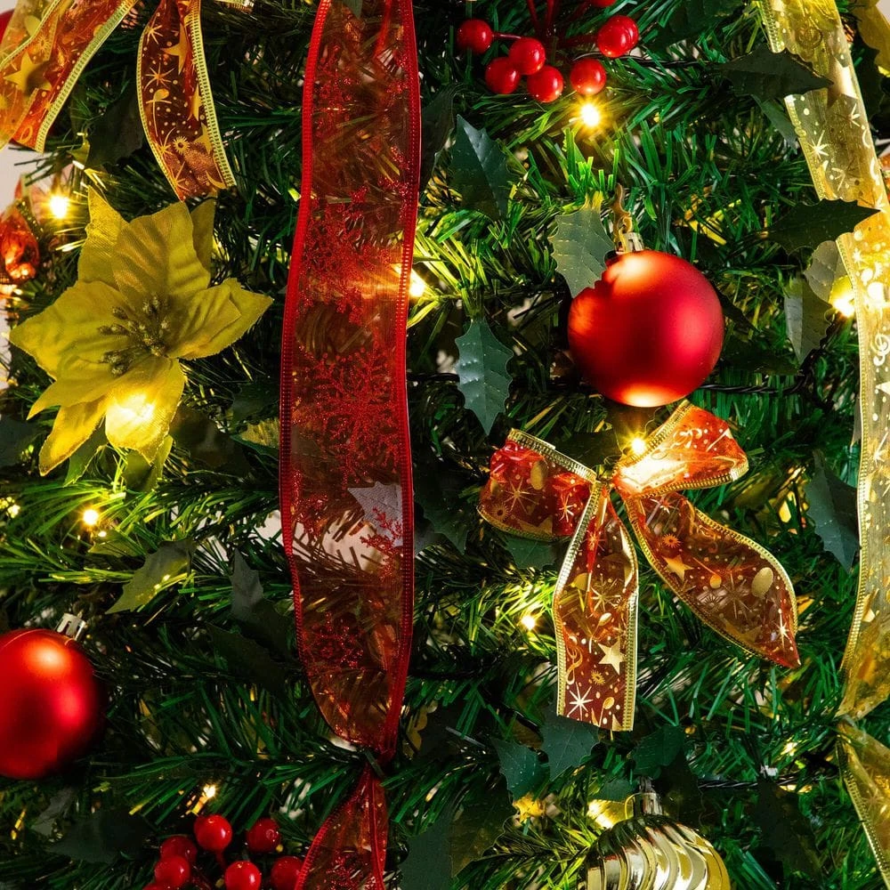 7 Ft. Pre-Lit Artificial Pop Up Christmas Tree With Red And Gold Ornaments, Ribbons And 180-Warm White LED Lights 14 7 Ft. Pre-Lit Artificial Pop Up Christmas Tree With Red And Gold Ornaments, Ribbons And 180-Warm White LED Lights - Image 12