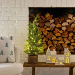 32in. Pre-Lit Artificial Lightly Snowed Cypress Christmas Tree With 30-Warm White LED Lights In Decorative Weaved Basket -Christmas Gift Shop nearly natural pre lit christmas trees t5422 31 1000