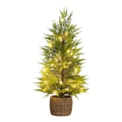 32in. Pre-Lit Artificial Lightly Snowed Cypress Christmas Tree With 30-Warm White LED Lights In Decorative Weaved Basket