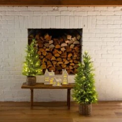 32in. Pre-Lit Artificial Lightly Snowed Cypress Christmas Tree With 30-Warm White LED Lights In Decorative Weaved Basket -Christmas Gift Shop nearly natural pre lit christmas trees t5422 d4 1000