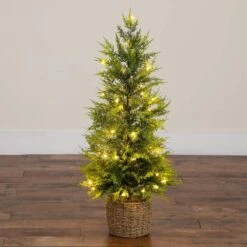 3 Ft. Pre-Lit Artificial Lightly Snowed Cypress Christmas Tree With 38-Warm White LED Lights In Decorative Weaved Basket 14 3 Ft. Pre-Lit Artificial Lightly Snowed Cypress Christmas Tree With 38-Warm White LED Lights In Decorative Weaved Basket -Christmas Gift Shop nearly natural pre lit christmas trees t5423 66 1000