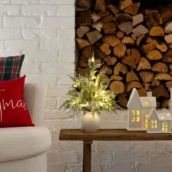 18 In. Pre-Lit Artificial Mini Snowed Cypress Christmas Tree With 12-LED Lights In White Ceramic Planter 19 18 In. Pre-Lit Artificial Mini Snowed Cypress Christmas Tree With 12-LED Lights In White Ceramic Planter -Christmas Gift Shop nearly natural pre lit christmas trees t5424 31 1000