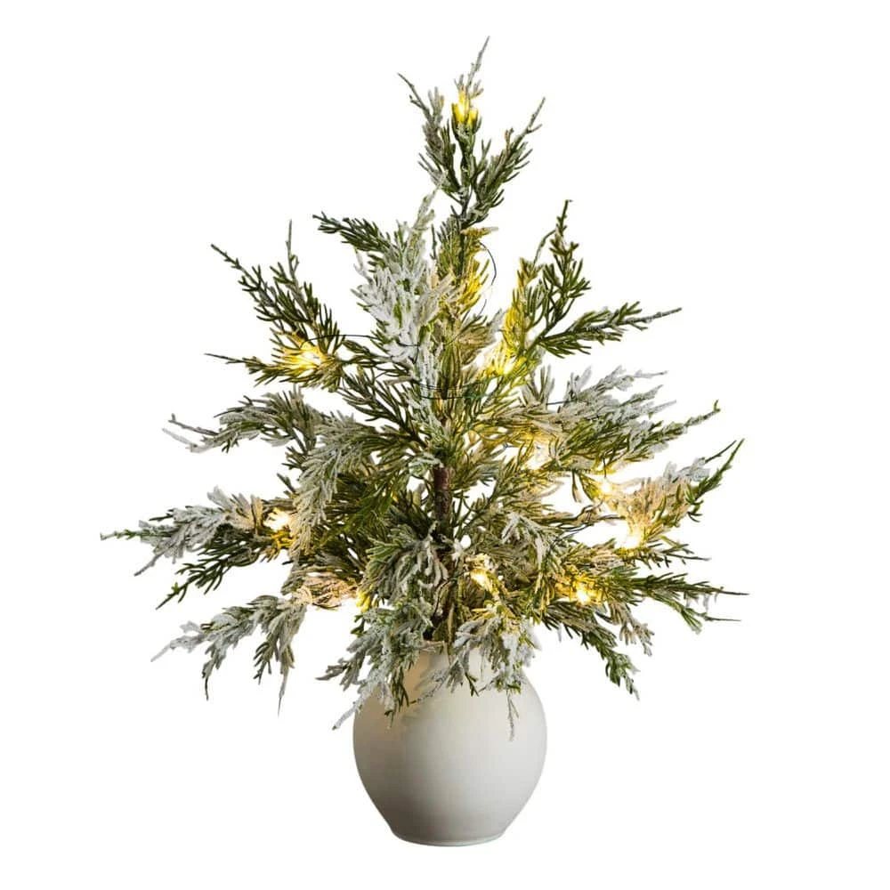 18 In. Pre-Lit Artificial Mini Snowed Cypress Christmas Tree With 12-LED Lights In White Ceramic Planter 6 18 In. Pre-Lit Artificial Mini Snowed Cypress Christmas Tree With 12-LED Lights In White Ceramic Planter - Image 4