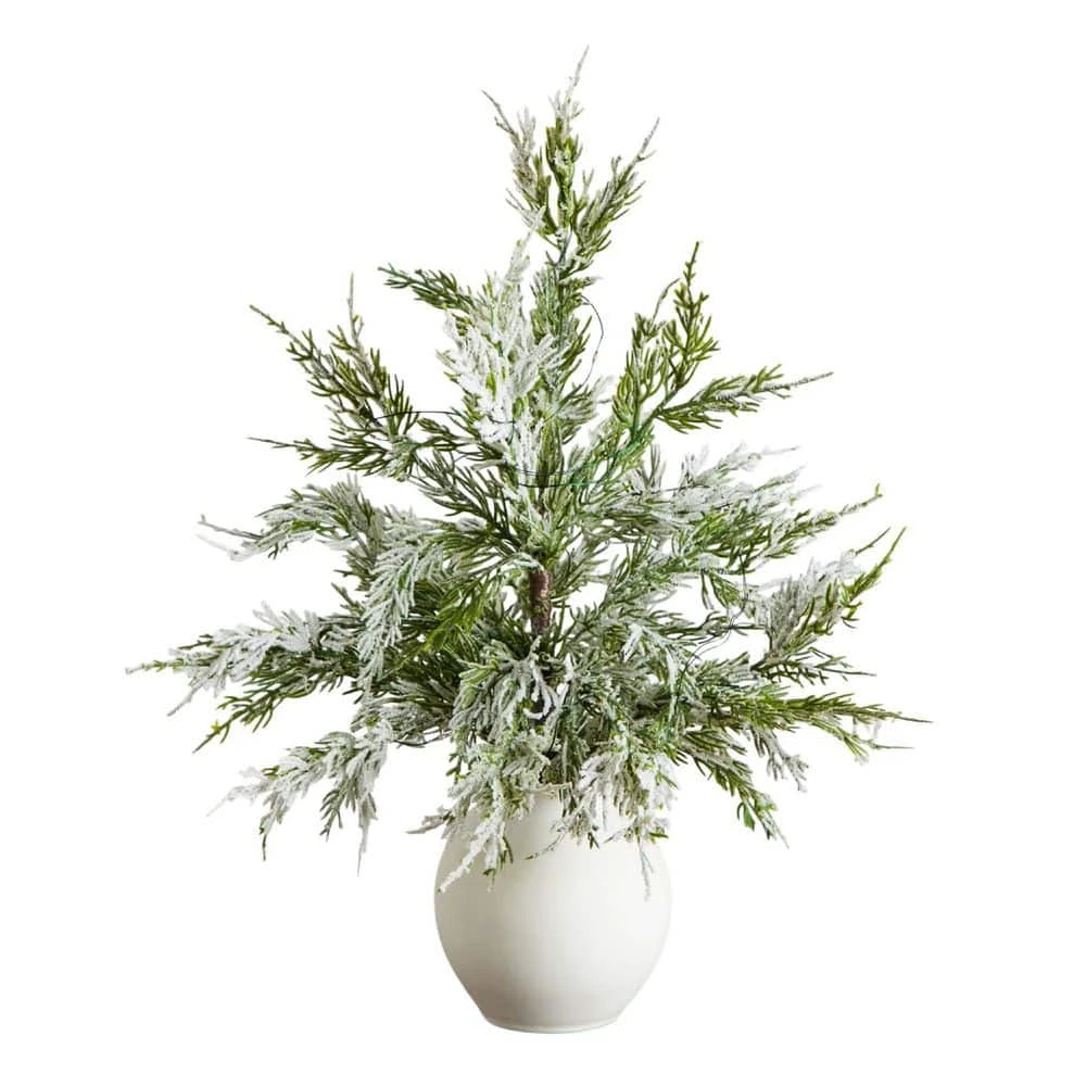 18 In. Pre-Lit Artificial Mini Snowed Cypress Christmas Tree With 12-LED Lights In White Ceramic Planter 3 18 In. Pre-Lit Artificial Mini Snowed Cypress Christmas Tree With 12-LED Lights In White Ceramic Planter