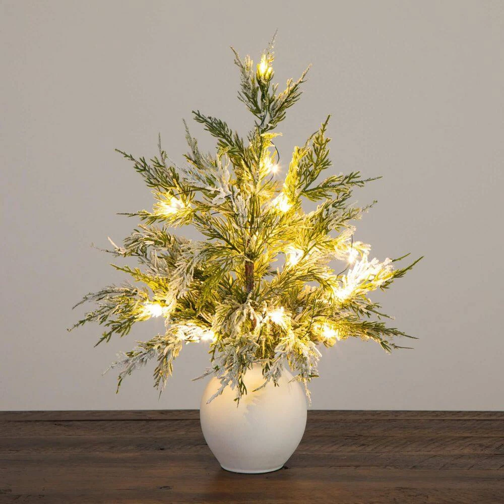 18 In. Pre-Lit Artificial Mini Snowed Cypress Christmas Tree With 12-LED Lights In White Ceramic Planter 4 18 In. Pre-Lit Artificial Mini Snowed Cypress Christmas Tree With 12-LED Lights In White Ceramic Planter - Image 2