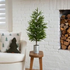 32 In. Artificial Real Touch Norfolk Island Pine In Christmas Tin Metal Planter With Natural Look 17 32 In. Artificial Real Touch Norfolk Island Pine In Christmas Tin Metal Planter With Natural Look -Christmas Gift Shop nearly natural unlit christmas trees t5388 31 1000