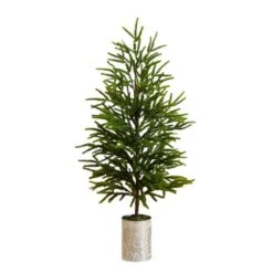 32 In. Artificial Real Touch Norfolk Island Pine In Christmas Tin Metal Planter With Natural Look