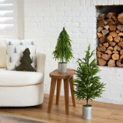 32 In. Artificial Real Touch Norfolk Island Pine In Christmas Tin Metal Planter With Natural Look 16 32 In. Artificial Real Touch Norfolk Island Pine In Christmas Tin Metal Planter With Natural Look -Christmas Gift Shop nearly natural unlit christmas trees t5388 76 1000