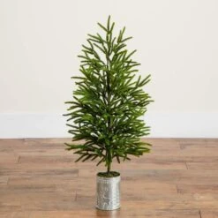 32 In. Artificial Real Touch Norfolk Island Pine In Christmas Tin Metal Planter With Natural Look 15 32 In. Artificial Real Touch Norfolk Island Pine In Christmas Tin Metal Planter With Natural Look -Christmas Gift Shop nearly natural unlit christmas trees t5388 fa 1000