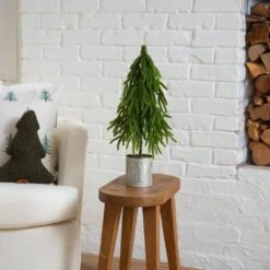 20 In. Artificial Real Touch Down Swept Norfolk Island Pine In Christmas Tin Metal Planter With Natural Look -Christmas Gift Shop nearly natural unlit christmas trees t5389 31 1000