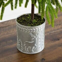 20 In. Artificial Real Touch Down Swept Norfolk Island Pine In Christmas Tin Metal Planter With Natural Look -Christmas Gift Shop nearly natural unlit christmas trees t5389 44 1000