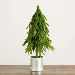 20 In. Artificial Real Touch Down Swept Norfolk Island Pine In Christmas Tin Metal Planter With Natural Look -Christmas Gift Shop nearly natural unlit christmas trees t5389 fa 1000