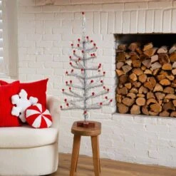 3 Ft. Artificial Retro Silver Tinsel Christmas Tree With 45-Red Mini Ornament Balls And Wooden Base -Christmas Gift Shop nearly natural unlit christmas trees t5401 31 1000